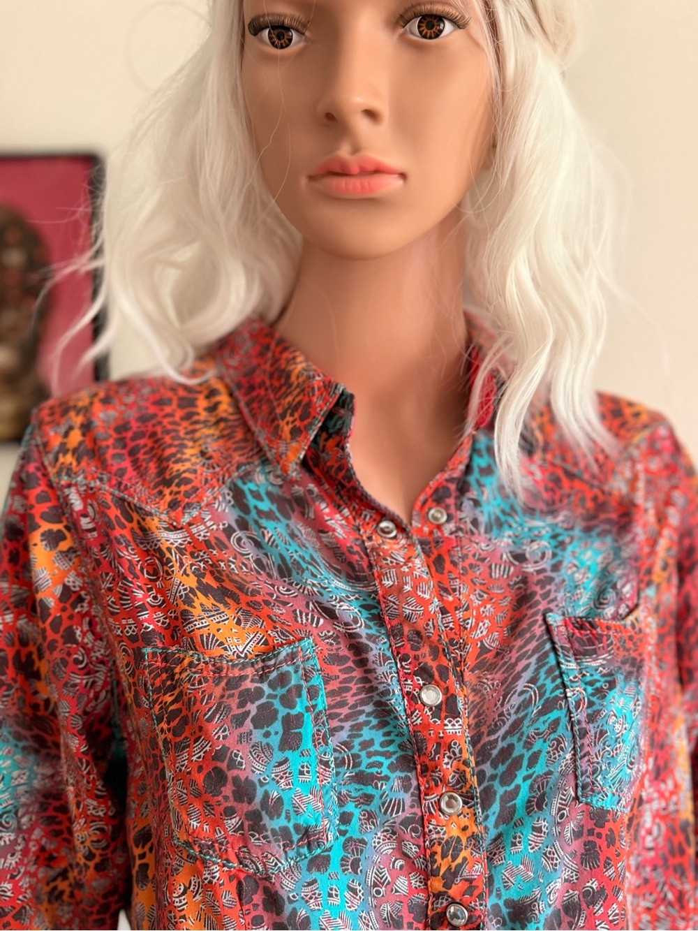 🔥 Wrangler Rock 47 "Long Live Cowgirls" Western Pearl Snap Shirt 100% Rayon🔥